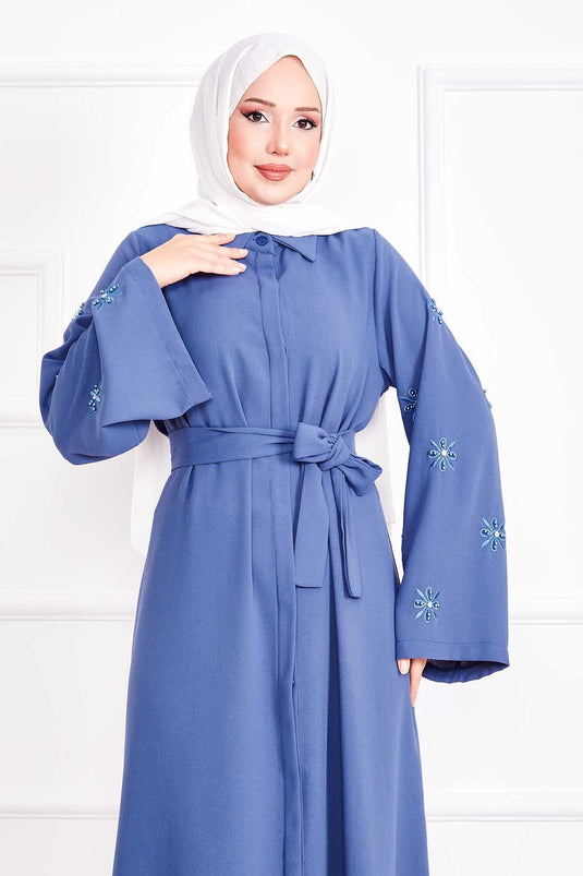 Embroidered Pearl Detailed Removable Belted Abaya Indigo
