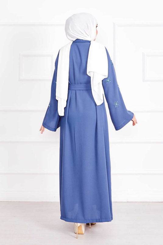 Embroidered Pearl Detailed Removable Belted Abaya Indigo