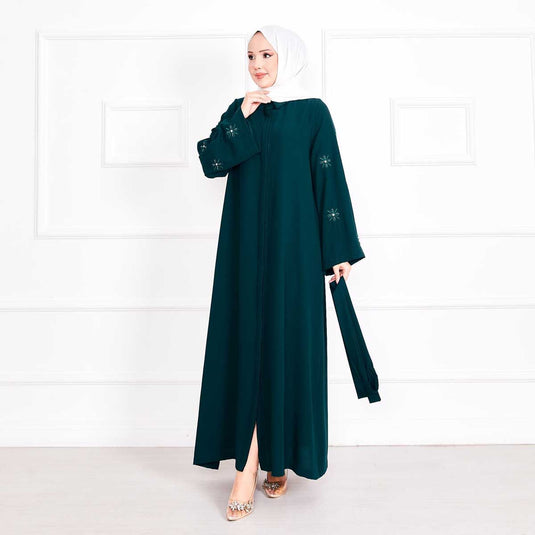 Embroidered Pearl Detailed Sleeve Removable Belted Abaya Emerald