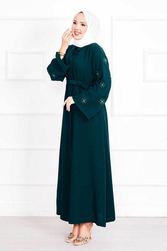 Embroidered Pearl Detailed Sleeve Removable Belted Abaya Emerald