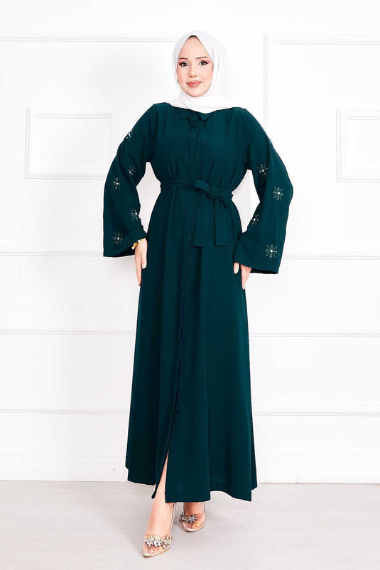 Embroidered Pearl Detailed Sleeve Removable Belted Abaya Emerald