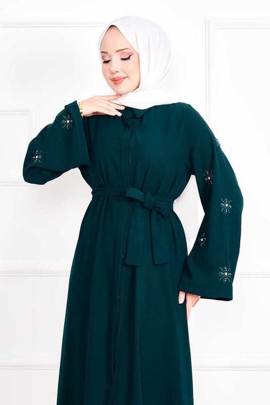 Embroidered Pearl Detailed Sleeve Removable Belted Abaya Emerald