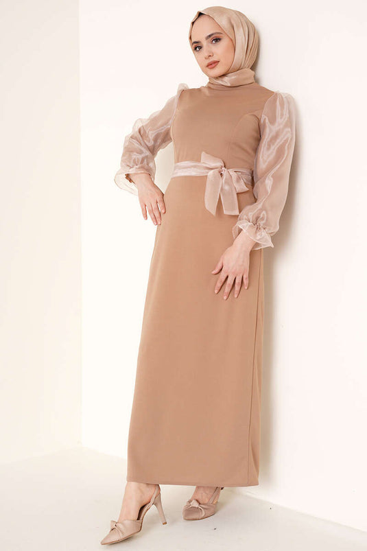 Sleeve Organza Dress Beige