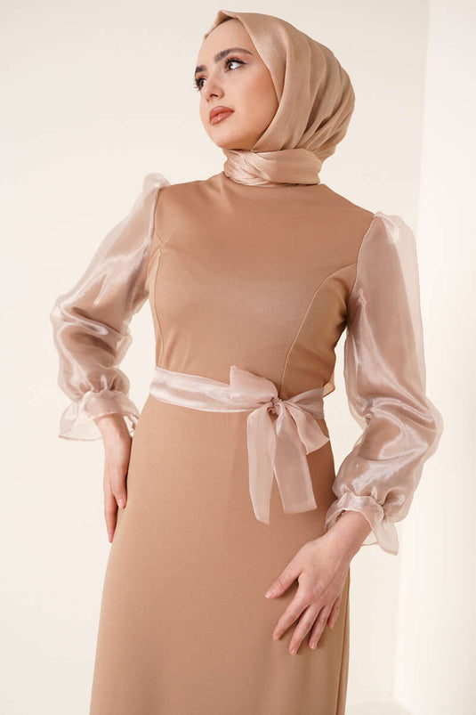 Sleeve Organza Dress Beige