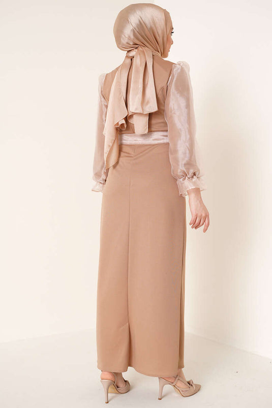 Sleeve Organza Dress Beige