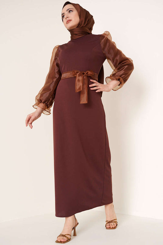 Sleeve Organza Dress Brown