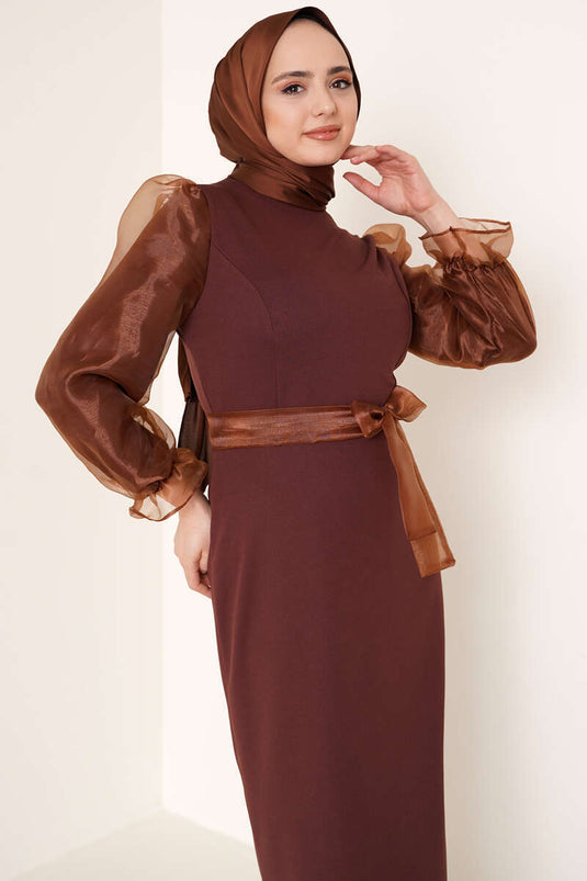 Sleeve Organza Dress Brown