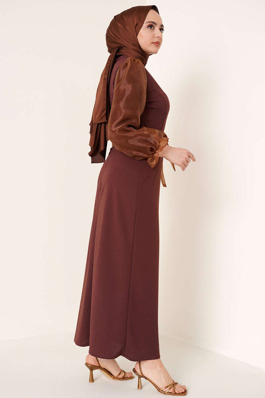 Sleeve Organza Dress Brown