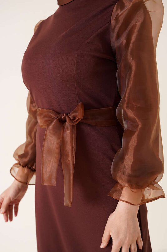 Sleeve Organza Dress Brown