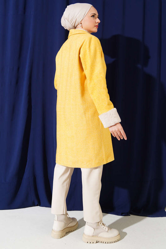 Arm Plush Zigzag Pattern Wool Coat Mustard