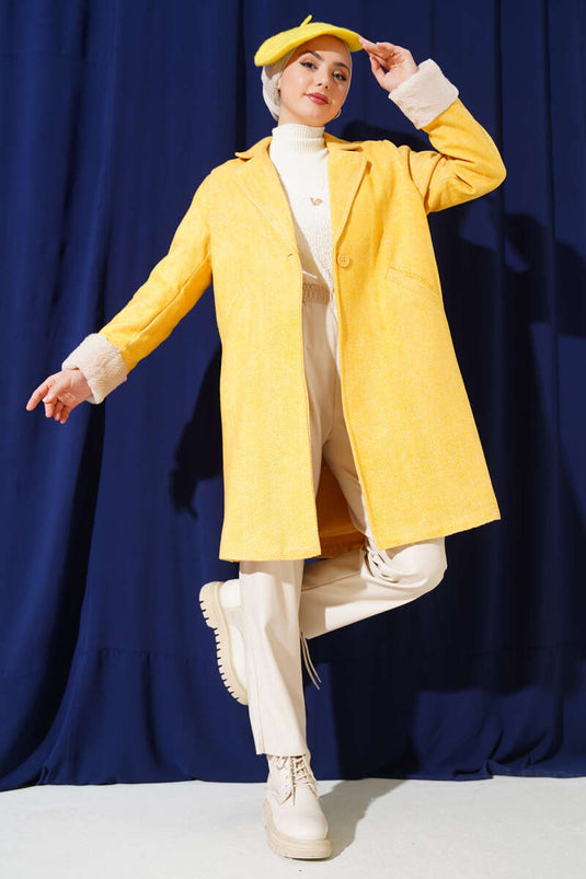 Arm Plush Zigzag Pattern Wool Coat Mustard