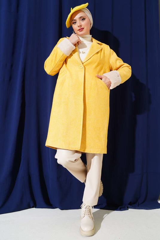 Arm Plush Zigzag Pattern Wool Coat Mustard