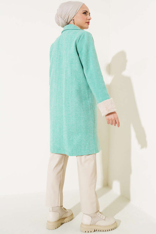 Green Zigzag Pattern Plush Sleeve Overcoat