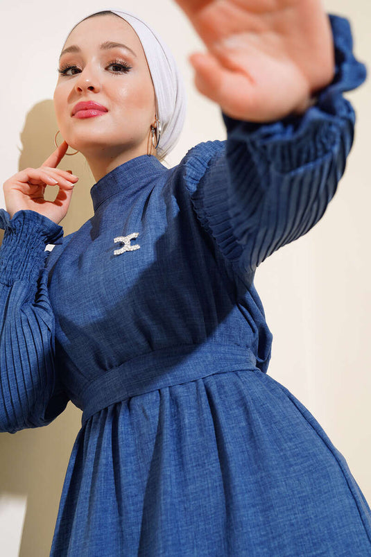 Leinenkleid mit Faltenärmeln Indigo