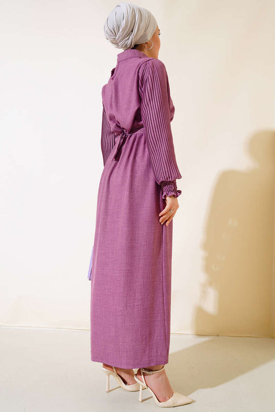 Plisseret ærmet linned kjole Magenta