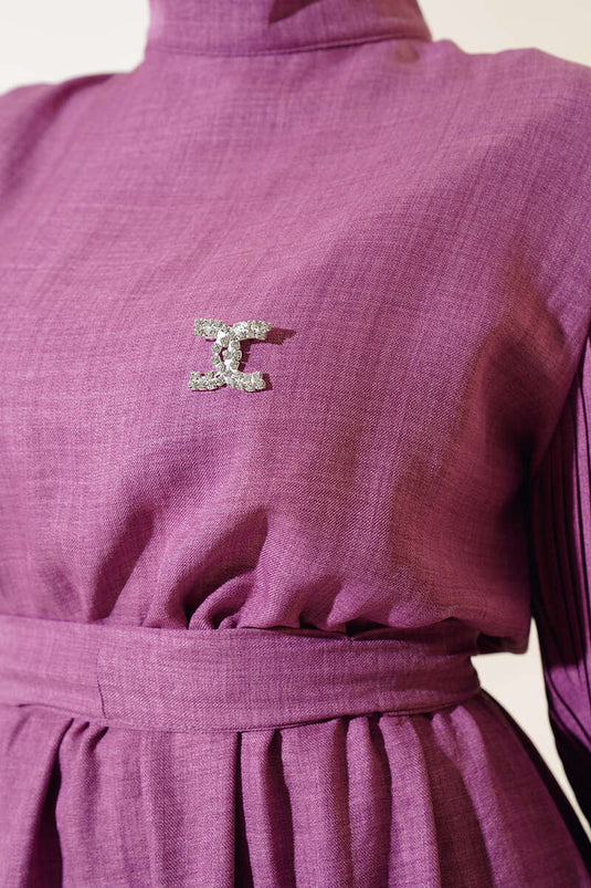 Plisseret ærmet linned kjole Magenta