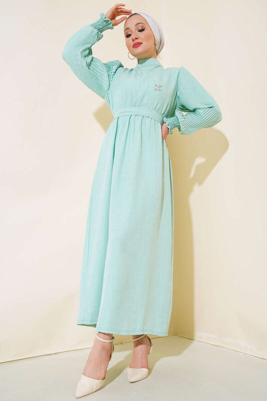 Kolu Piliseli Keten Elbise Mint