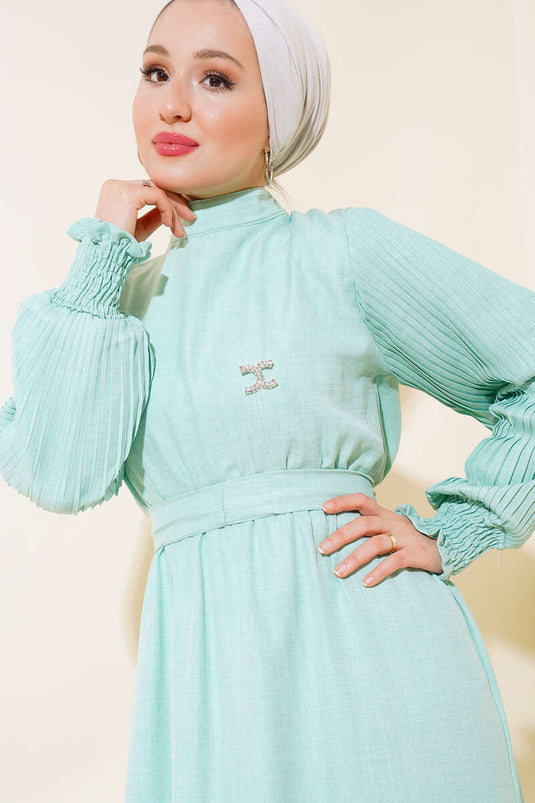 Kolu Piliseli Keten Elbise Mint