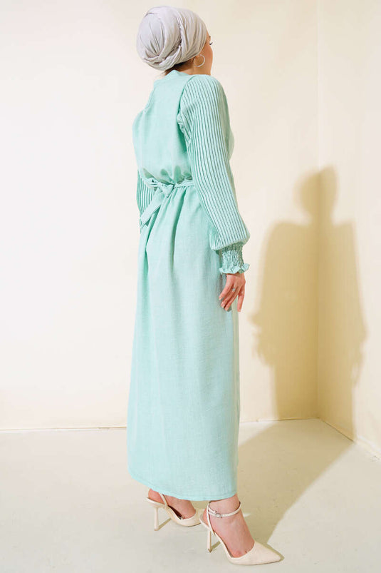Kolu Piliseli Keten Elbise Mint