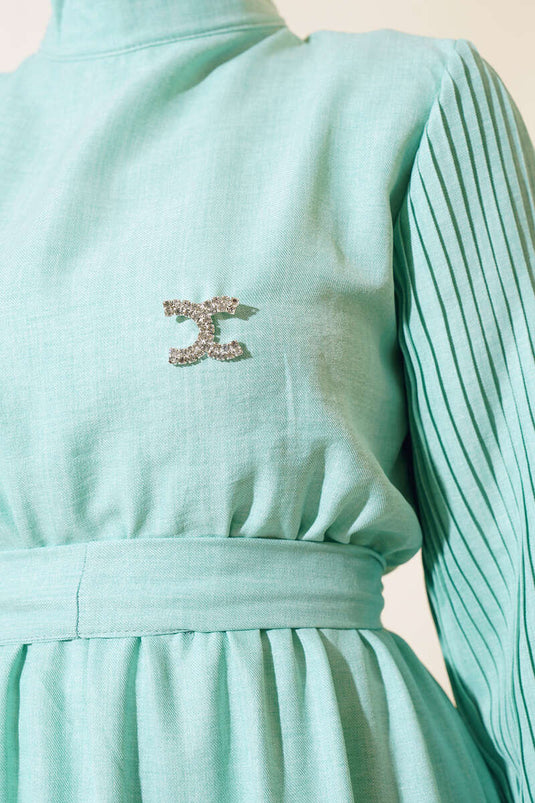 Kolu Piliseli Keten Elbise Mint