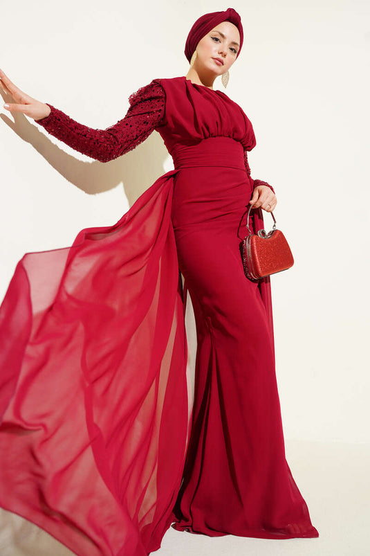 Cape Dress with Stand Collar Detail Evening Dress Burgundy