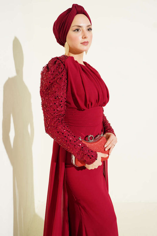 Cape Dress with Stand Collar Detail Evening Dress Burgundy