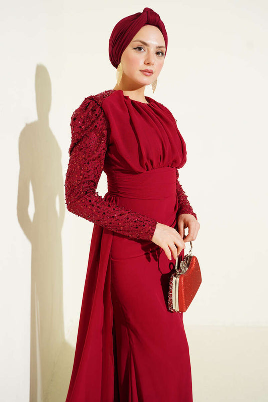 Cape Dress with Stand Collar Detail Evening Dress Burgundy