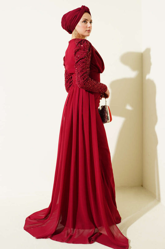Cape Dress with Stand Collar Detail Evening Dress Burgundy