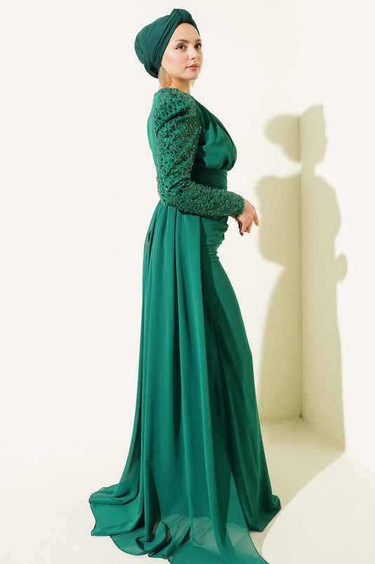 Dress with Cape and Coin Details Evening Dress Emerald Green