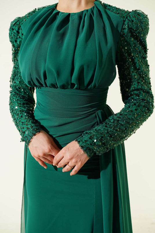 Dress with Cape and Coin Details Evening Dress Emerald Green