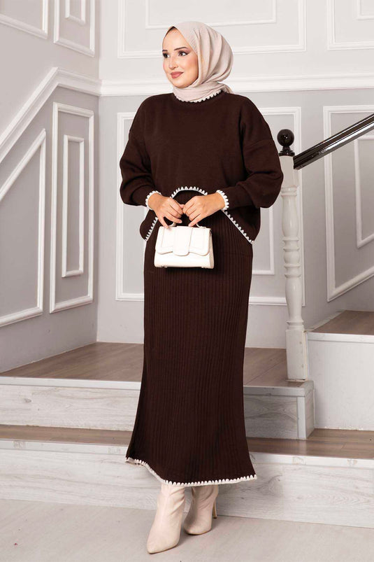 Double ensemble court à manches côtelées Marron