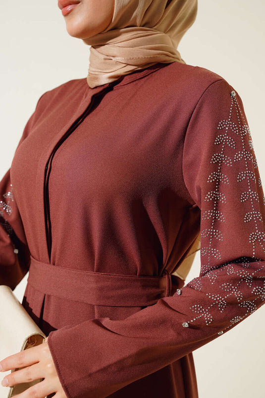 Burgundy Abaya with Stone Embellished Sleeves