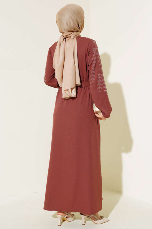 Burgundy Abaya with Stone Embellished Sleeves
