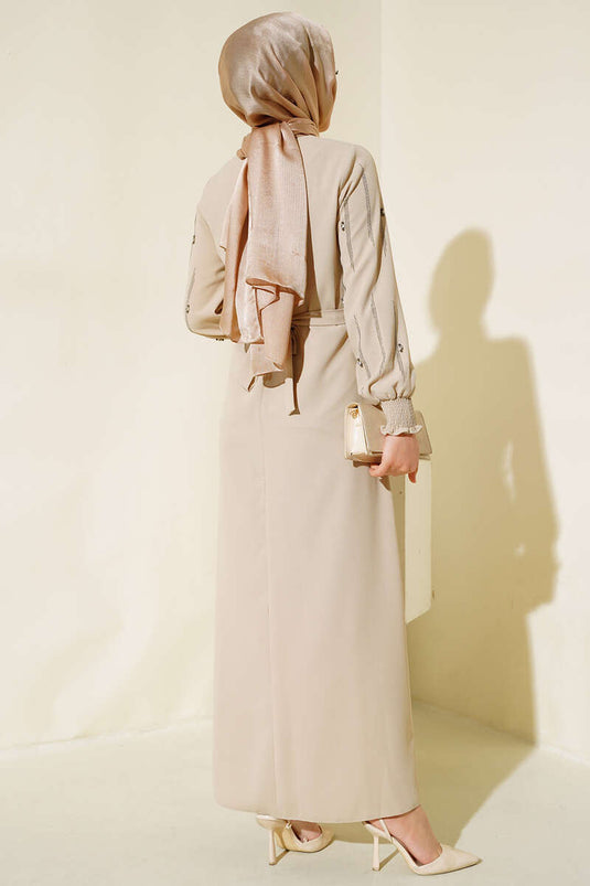 Beige Dress with Stone Embellished Sleeves and Belt