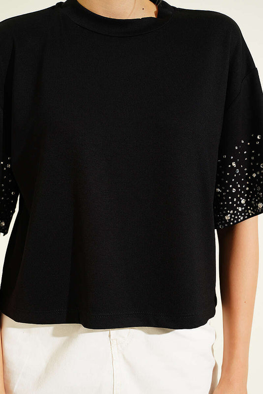 Kolu Taşlı Loyşa T-shirt Siyah