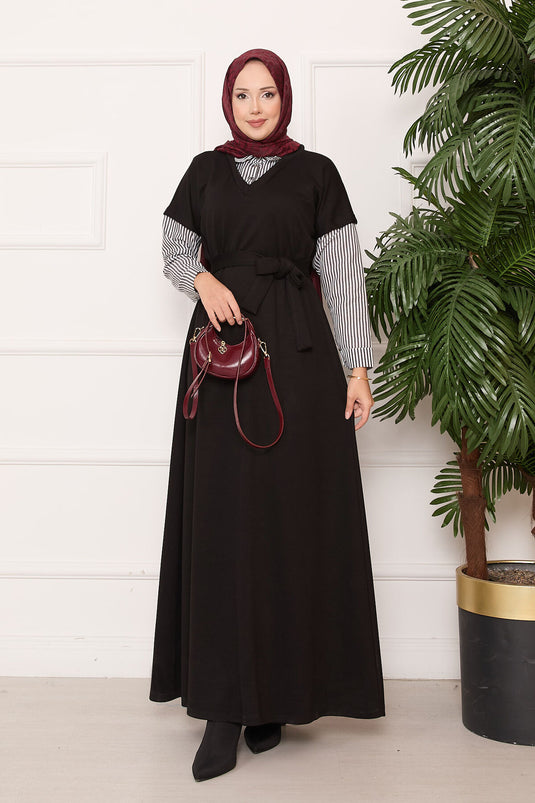 Oyşo Black Dress with Striped Sleeve and Collar Garnish