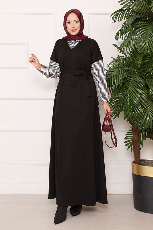 Oyşo Black Dress with Striped Sleeve and Collar Garnish