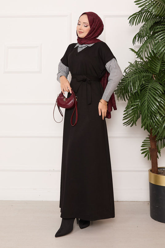 Oyşo Black Dress with Striped Sleeve and Collar Garnish