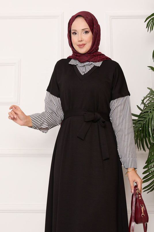 Oyşo Black Dress with Striped Sleeve and Collar Garnish