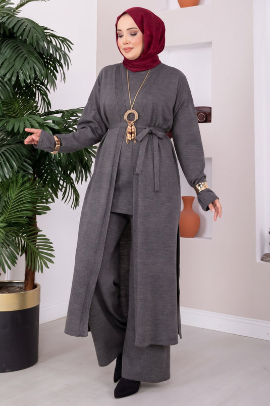Beaded Tie-Detail Knit Three-Piece Set In Anthracite