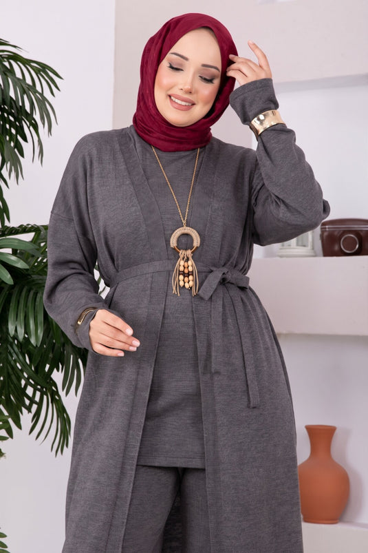 Ensemble En Tricot À Détails De Nouage Et Perles Anthracite