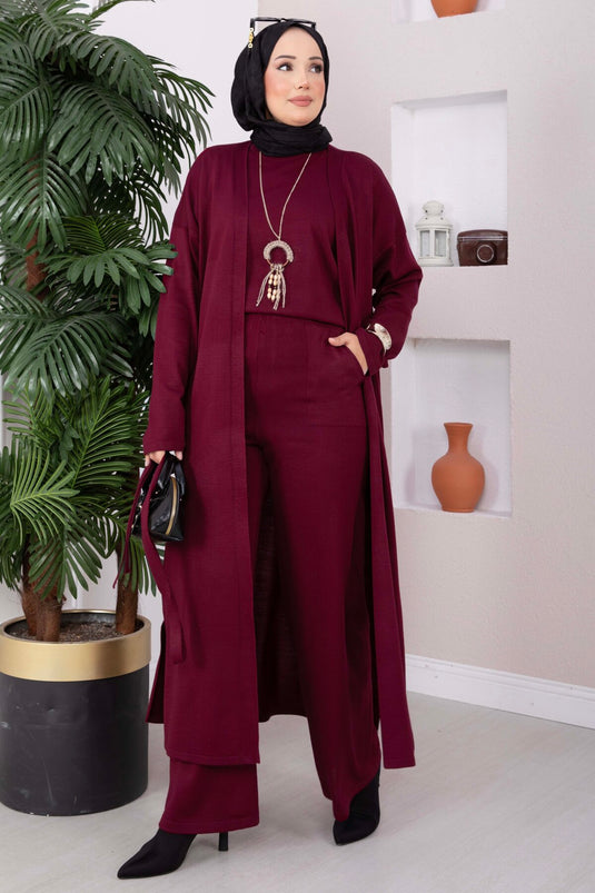 Ensemble Tricot À Détails De Noue Et Perles Bordeaux