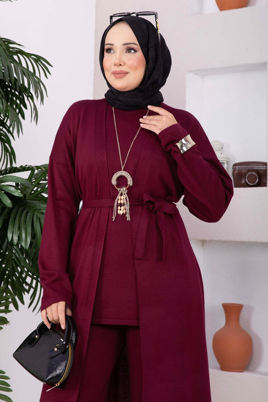 Kolyeli Bağcıklı Triko Üçlü Takım Bordo