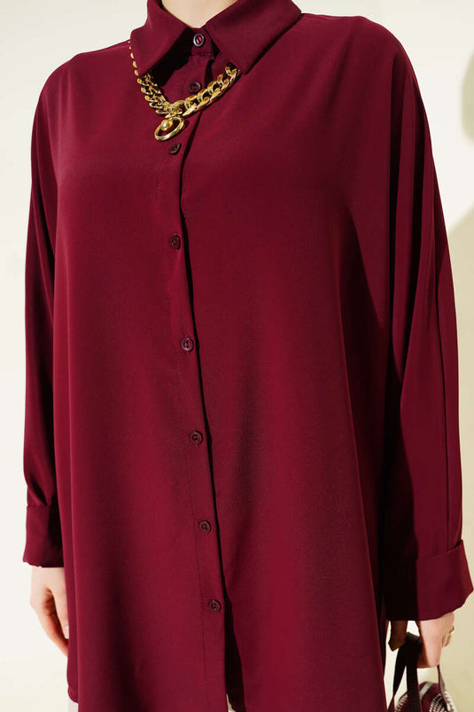 Chemise ample à manches chauve-souris avec col en chaîne, bordeaux