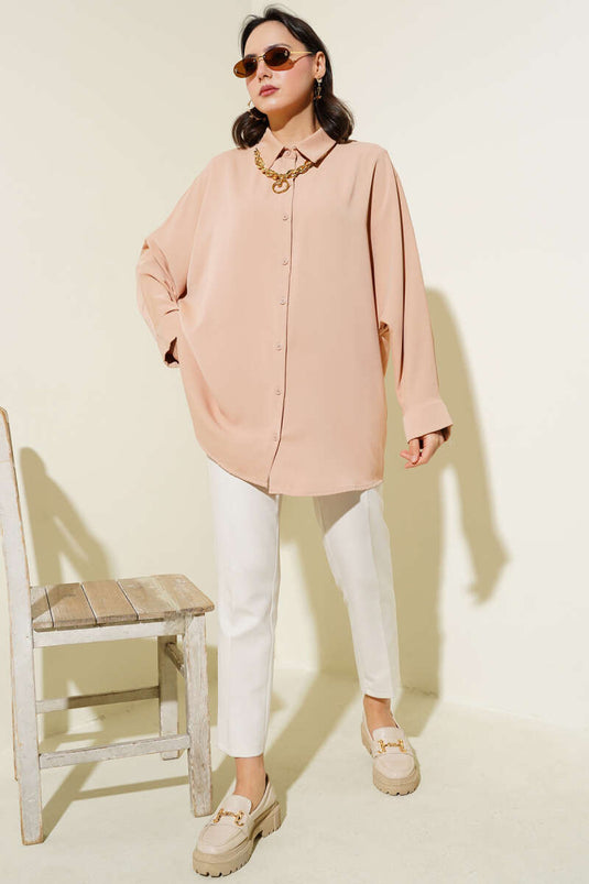 Camicia ampia a manica lunga con collo a pipistrello Latte