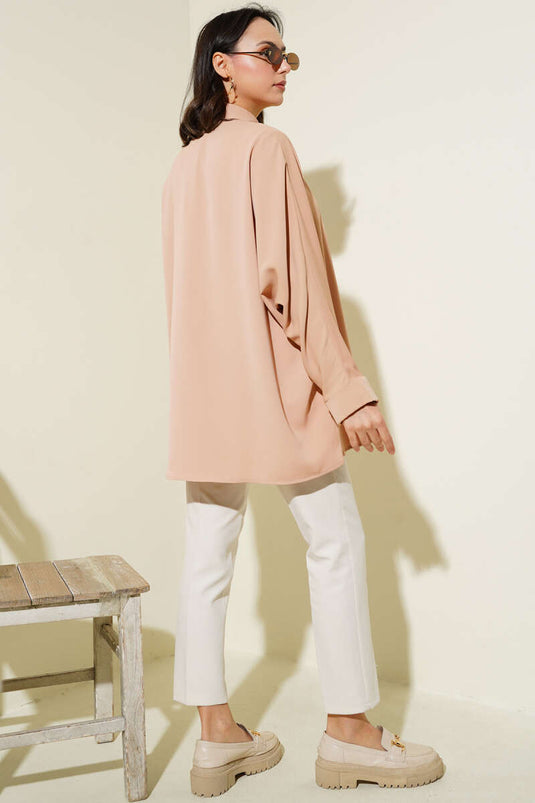 Camicia ampia a manica lunga con collo a pipistrello Latte