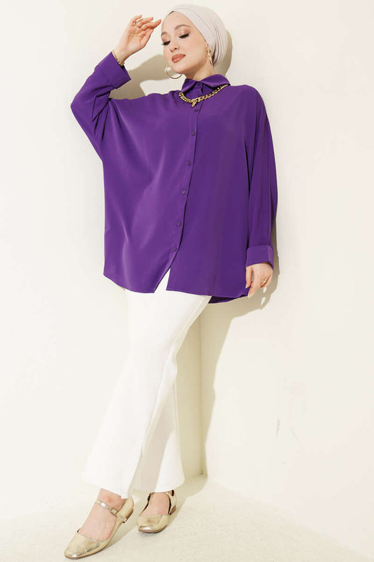 Chemise ample manches chauve-souris avec col en chaîne, violet