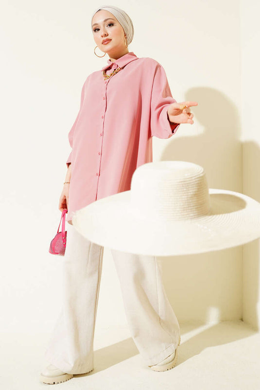Batwing Sleeve Loose Shirt with Necklace Powder Pink