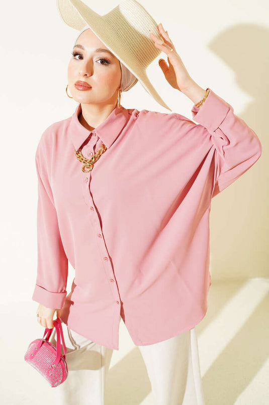 Batwing Sleeve Loose Shirt with Necklace Powder Pink