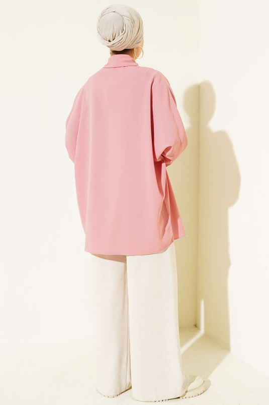 Batwing Sleeve Loose Shirt with Necklace Powder Pink